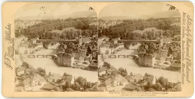 Stereo Suisse, Schweiz, Berne, La rivière Aare, ponts, 1897 Vintage stereo card