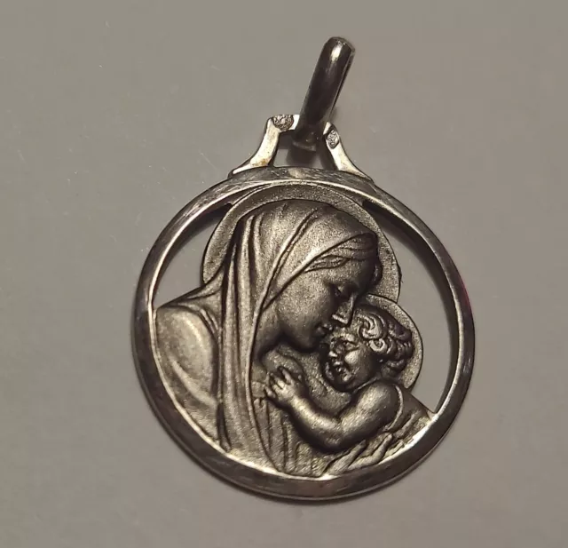 Ancien Bijou Médaille Pendentif Argent Massif La Vierge Et L'enfant Jesus # K32