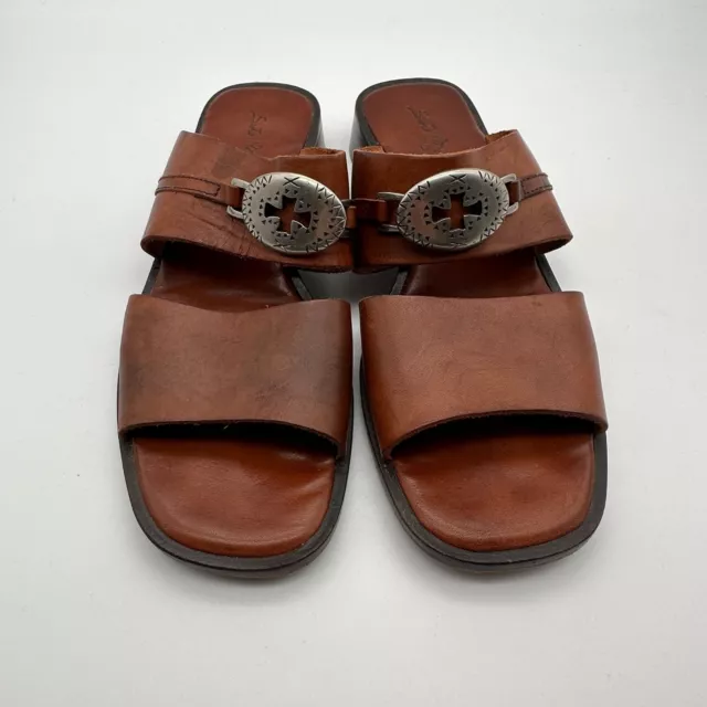 Sesto Maucci Brown Leather Women's Slip on Sandals Silver Ornament Size 9 Italy