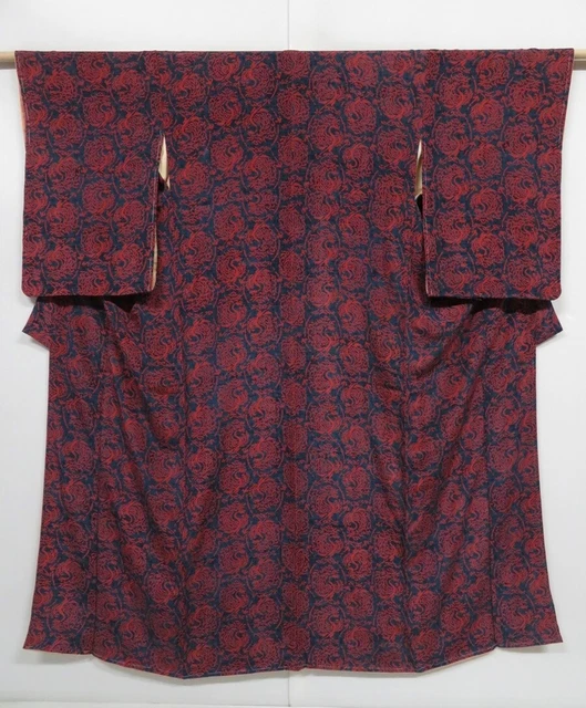 0709i07z660 Vintage Japanese Kimono Silk KOMON Navy Bird