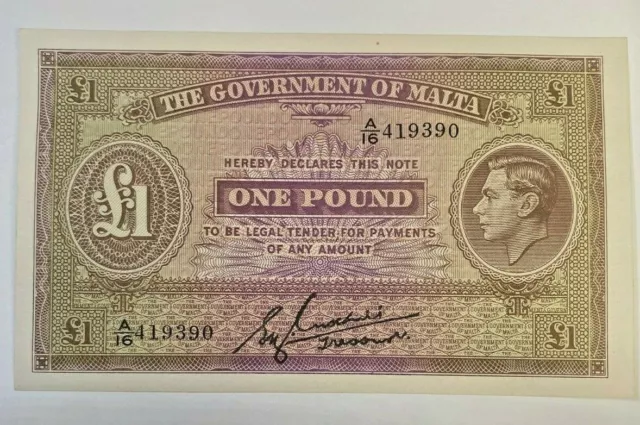 Malta 1939 One 1 Pound Banknote  Uncirculated   Very Scarce In This Condition