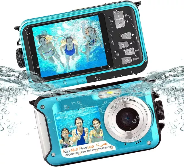 Waterproof Digital Camera 2.7K 48MP Dual Screens Selfie 16X Zoom 10FT Underwater