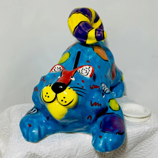 Whimsical Ceramic Cat Coin Piggy Bank Ganz Blue Hand Painted Signed