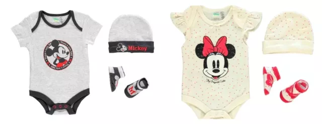 set 3 pezzi baby neonato body + calze + cappello topolino mickey minnie 0-6 mesi