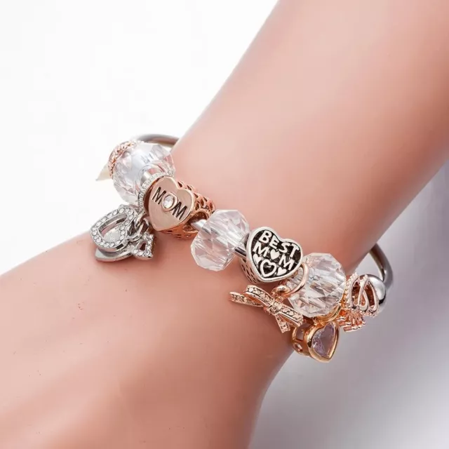 Stainless Steel Bangle Bracelet With Love Heart Mom Bowtie Angel Wings Charms 3