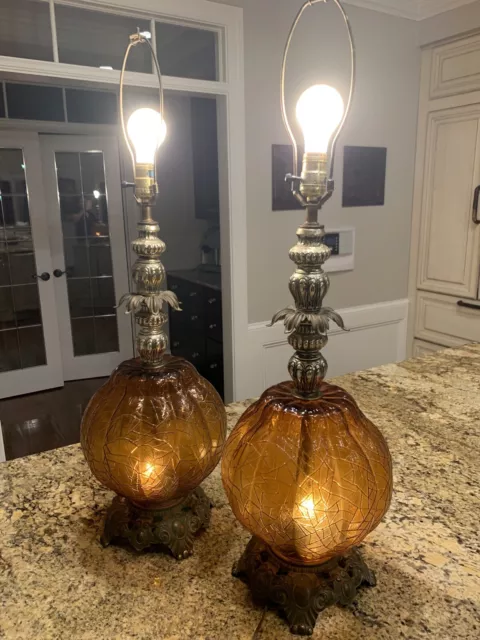 Lot Of 2 Mid Century FALKENSTEIN Optical Amber Glass Hollywood Regency Lamp 33"