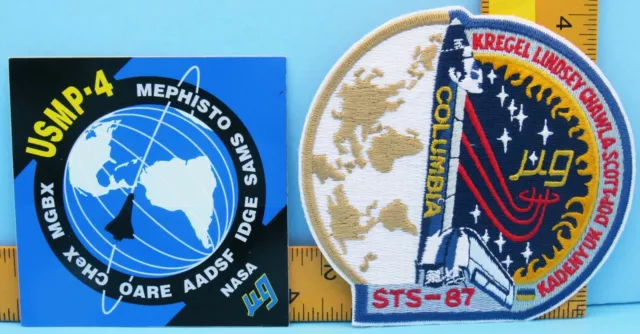 NASA PATCH & STICKER Pair vtg STS-87 Space Shuttle COLUMBIA USMP-4 Combustion