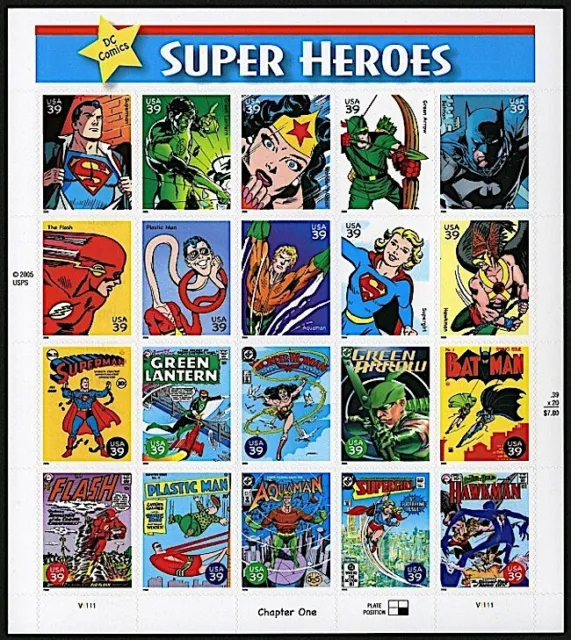 20 DC Comics SUPER HEROES STAMPS Superman Batman Wonder Woman The Flash Aquaman