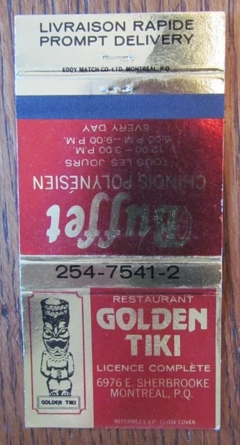 Tiki Matchbook Cover: Golden Tiki Polynesian Restaurant Montreal, Quebec -D24