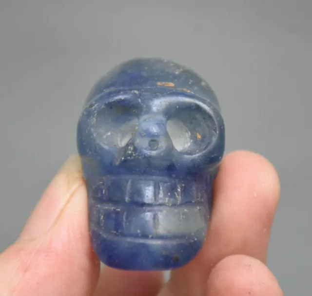 4.5CM Old China Hongshan Culture Blue Crystal Skull Head Pendant Amulet A49