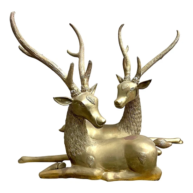 Vintage Large Hollywood Regency Mid Century Solid Brass Deer Bucks - a Pair