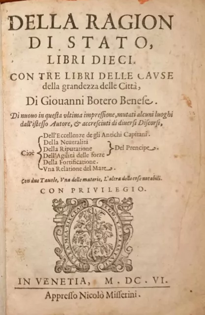 1606-Venezia-Della Ragion Di Stato-Giovanni Botero-Trattato-Filosofia Politica