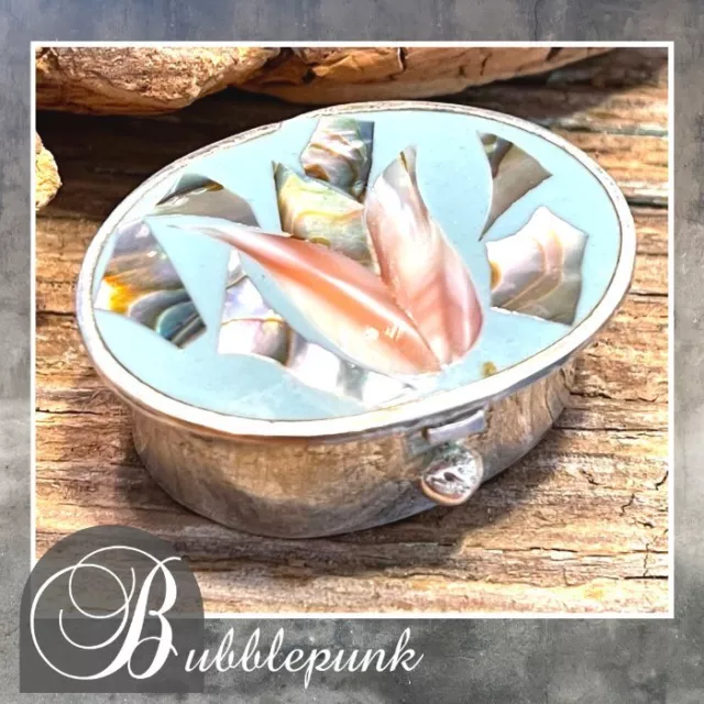 Vintage MOP Floral Inlay Alpaca Silver Mexico Snuff Pill Box Blue/Pink