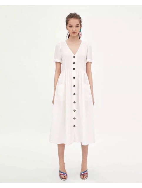 ZARA LINEN Ecru Button Front Midi Dress Size M 23.99 - PicClick UK
