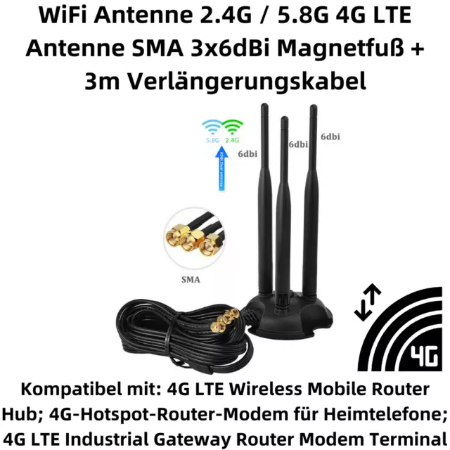 A22D Wifi Antenne 2.4G/5.8G SMA Adaptateur 3x6dBi Pied Magnétique 3M Rallonge 2