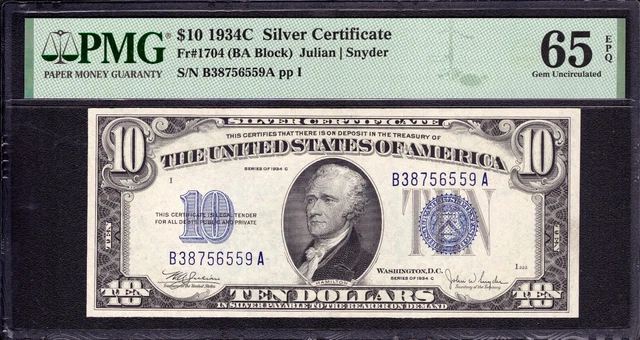 1934 C $10 Silver Certificate Note Currency Fr.1704 Ba Block Pmg Gem Unc 65 Epq