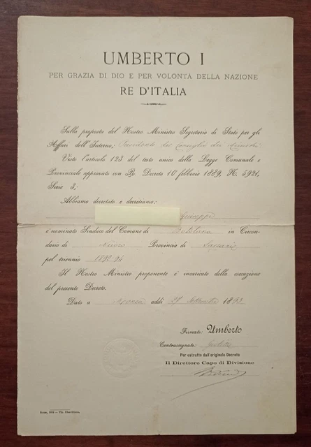 Documento Attestato  1893 Umberto I Re D'italia Nomina Sindaco Di Bolotana