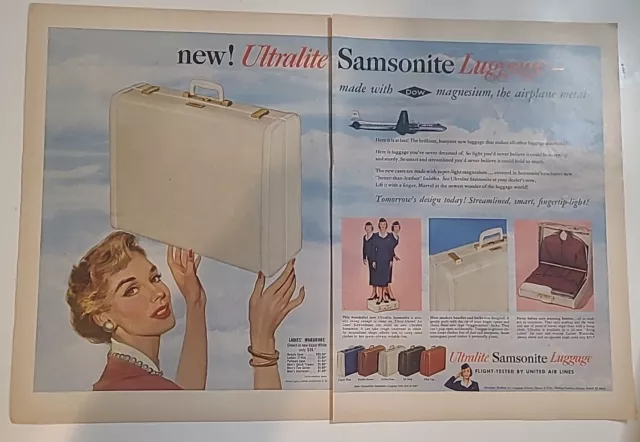 Ultralite Samsonite Luggage print ad 1955 Vintage 20x13