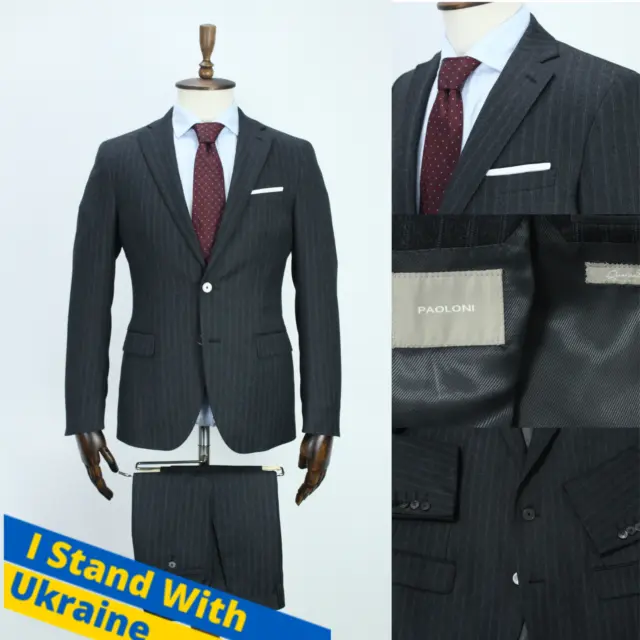 PAOLONI Gray Striped FLANNEL WOOL Modern Suit 48IT 38US/UK 34X32