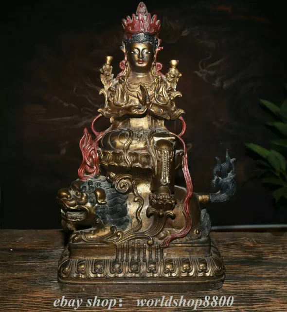 18 "Altes Tibet Bronze Wenshu Kwan-yin Guan Yin Boddhisattva Ride Beast Statue