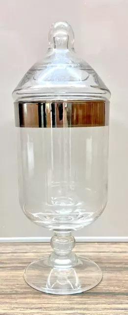 Apothecary Jar Candy Dish & Lid Clear Glass  w/Silver Bands Pedestal 8"
