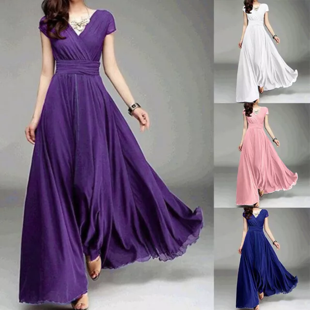 Women Chiffon Long Formal Prom Evening Dress Party V-Neck Short Sleeves Cocktail