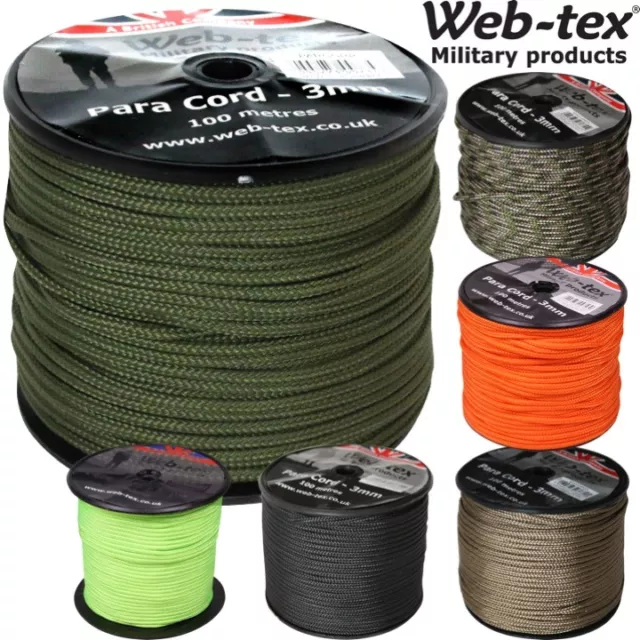 WEB-TEX MILITARY PARA CORD 100m REEL SAND GREEN BLACK ARMY BASHA TENT BIVVI ROPE