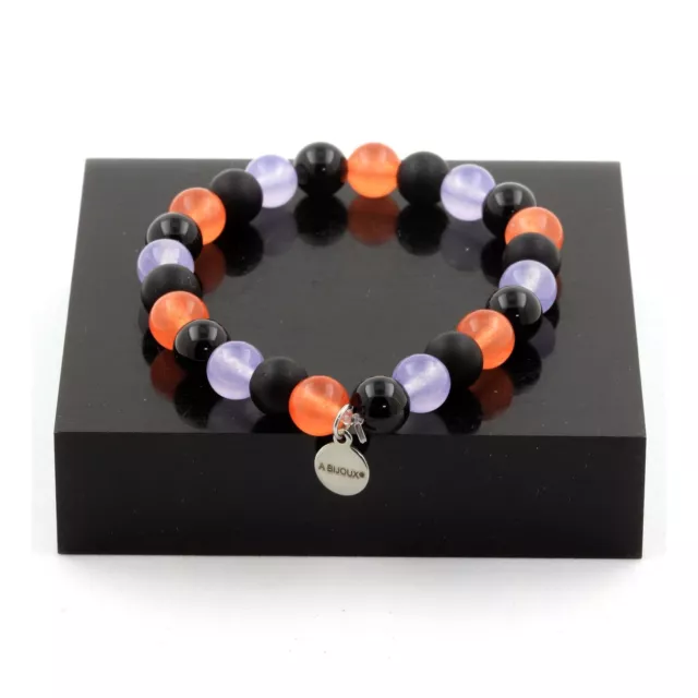 Bracelet Perles Calcédoine orange + Agate noire + Calcédoine lavande + Fabriqué