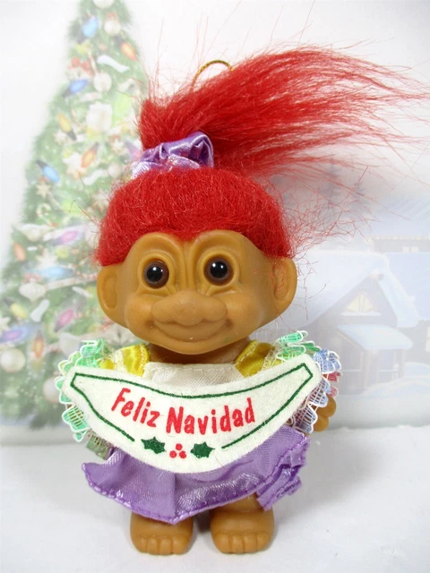 Troll Feliz Navidad Merry Christmas Ornament Girl Red Hair Russ Berrie Vintage