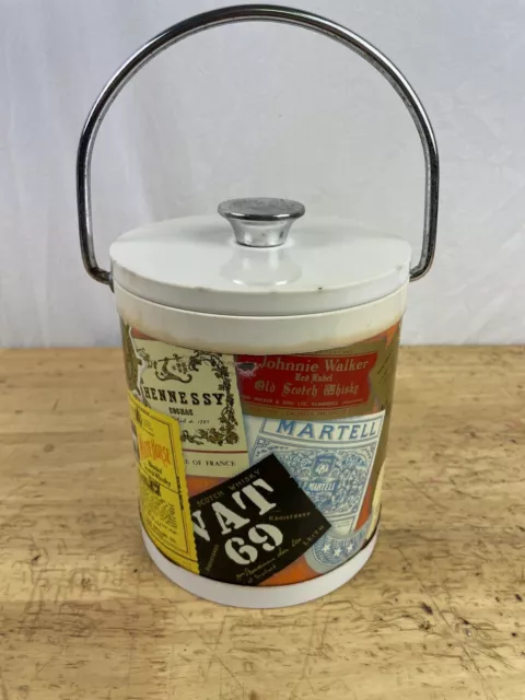 Vintage 1970s Metal Ice Bucket with Whisky Label Design Made in Japan