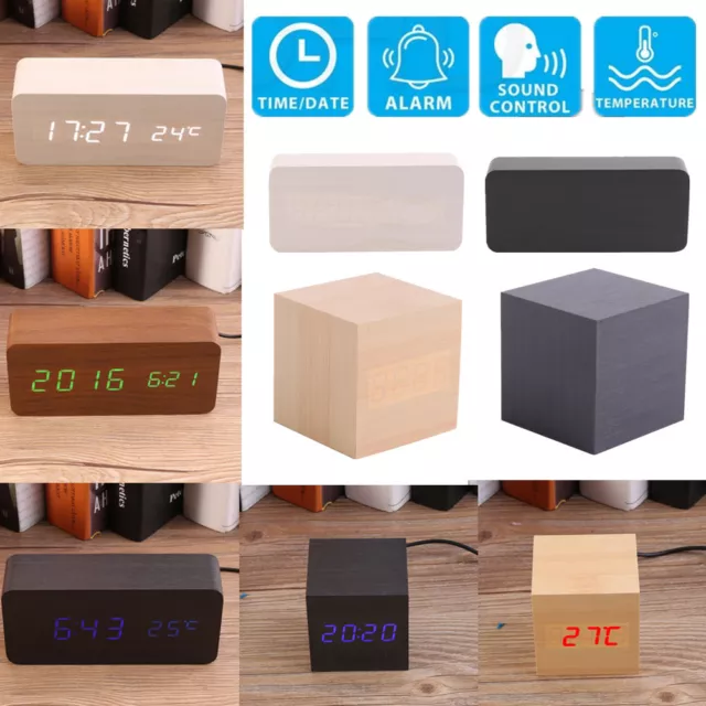 Modern Wooden Wood USB Digital LED Alarm Clock Temperature  Thermometer Cube ZY 2