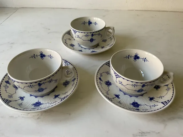 3 Breakfast Cups And Saucers. FURNAVA,S. Denmark Blue & white VGC.(no wear)