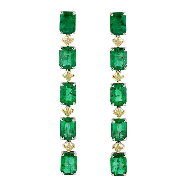 18k or Blanc Vert Baguette Émeraude Diamant Pendantes Oreille Femme Bijoux