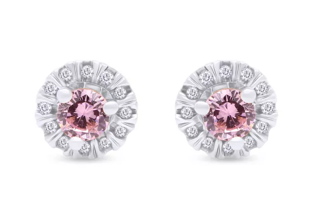 3/4ct Halo Stud Earrings Simulated Pink Sapphire &Natural Diamond 14k White Gold