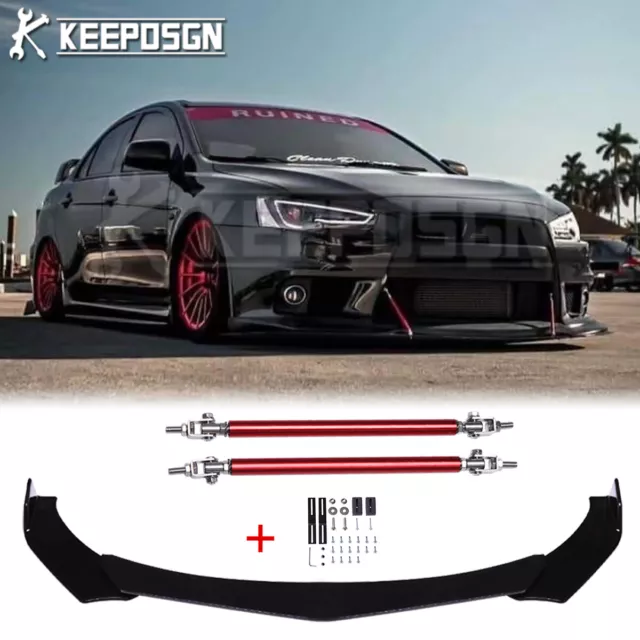 For Mitsubishi EVO X 8 9 GTO Gloss Front Bumper Lip Splitter Spoiler +Strut Rods