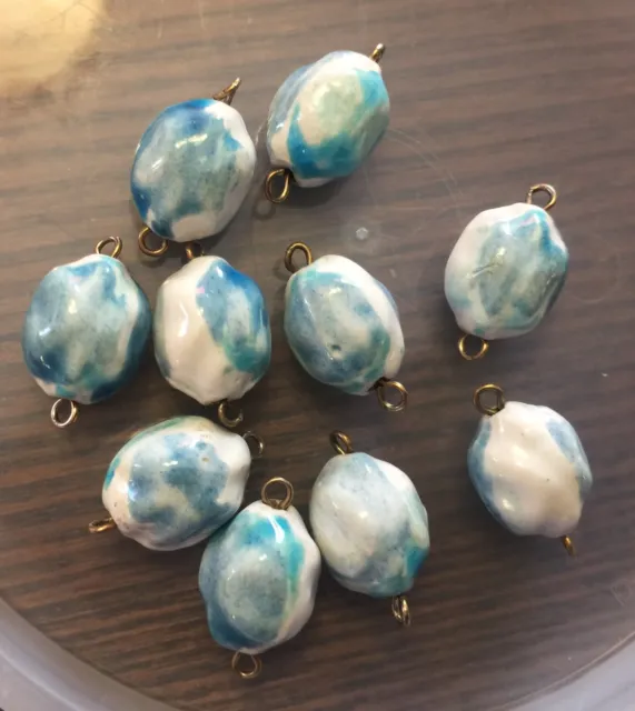 Vintage German White Mix Blue Wobble Glazed Ceramic Beads Links Connectors Lot B