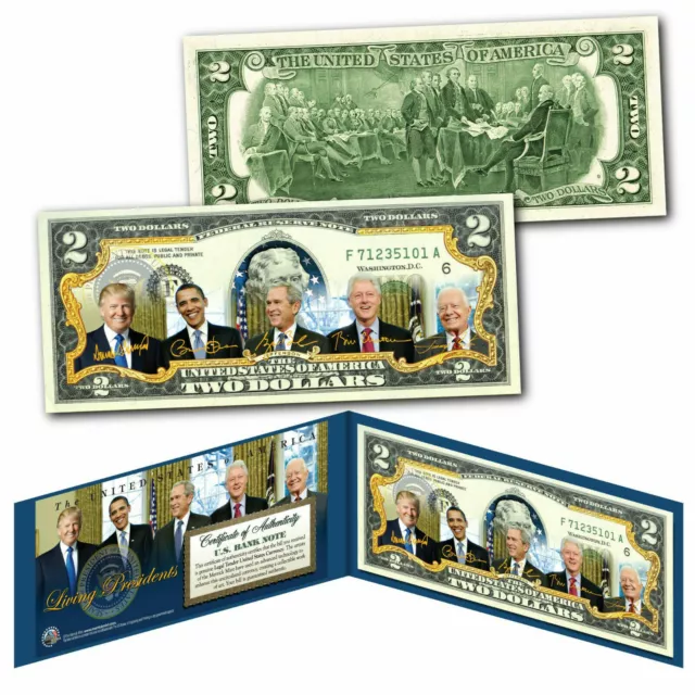 Living Presidents Donald Trump Colorized U.s. $2 Bill- Carter,Bush,Clinton,Obama