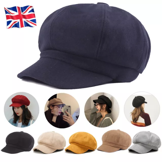 Womens Ladies Beret Hat Newsboy Octagonal Hat Suede Baker Boy Peaked Flat Cap UK