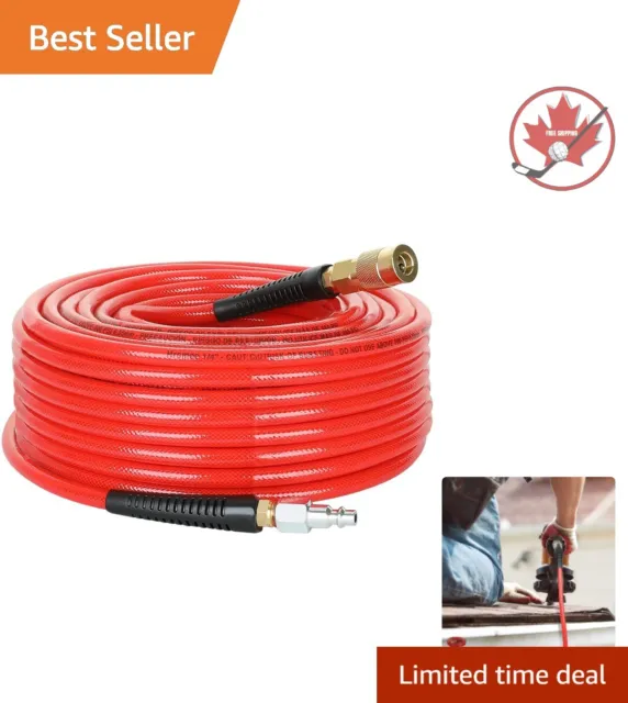 Flexible 1/4" x 100' Polyurethane Air Hose with Quick Coupler & Plug Kit - Red