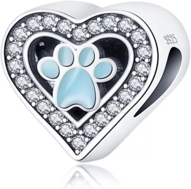 Genuine Sterling Silver 925 Blue Love Heart Dog Cat Puppy Paw Pet Charm Bead