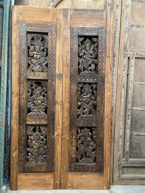 Pair Vintage Ganesha Sliding Barndoor, Carved Door, Ganesh Temple Indian Door 3