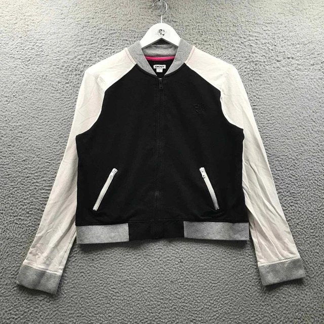 DKNY Jacket Girls Youth Large L Full Zip Embroidered Heathered Black White Gray