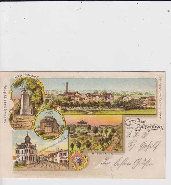 Litho Schwaben - 5 Motive Kriegerdenkmal Badeanstalt Totale Kirche 1903