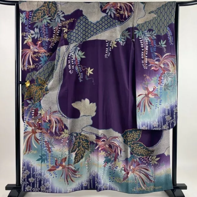 Woman Japanese Kimono Furisode Silk Bird Flower Gold Foil Blur Purple