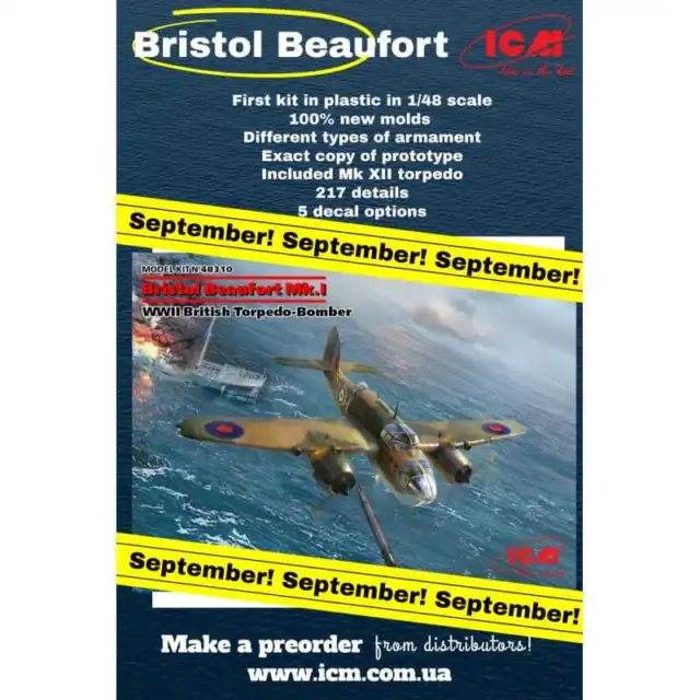 ICM 48310 Bristol Beaufort Mk.I, WWII British Torpedo-Bomber (100% new molds)