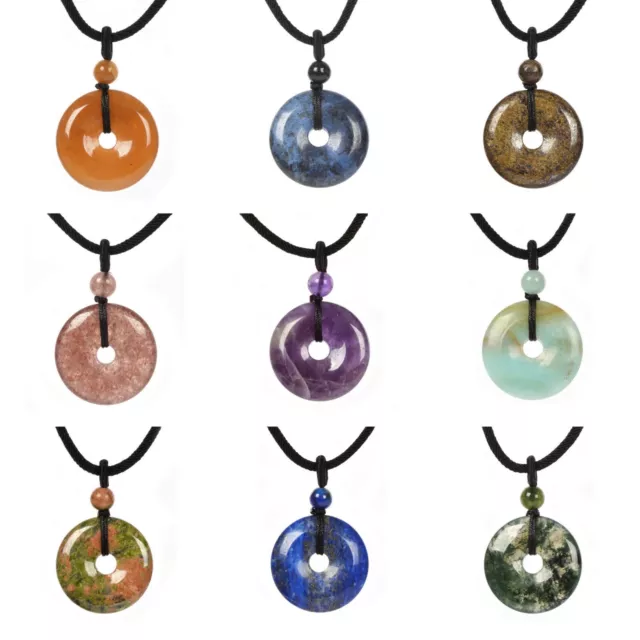 Gemstone 25mm Donut Beads Reiki Chakra Pendant Necklace Handmade Jewelry 22 Inch