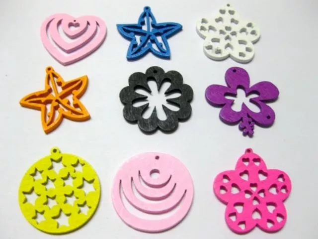 100 Assorted Bright Color Wood Cut-Out Charms Wooden Pendants