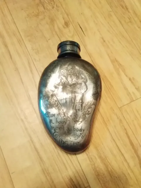 Antique-Flask -Meridian Silverplate Co. Gin a body meet a body thro the rye