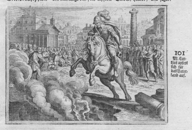 1700 Marcus Curtius Hades Opfertod Ordreal Antique Antiquity Copperplate Merian