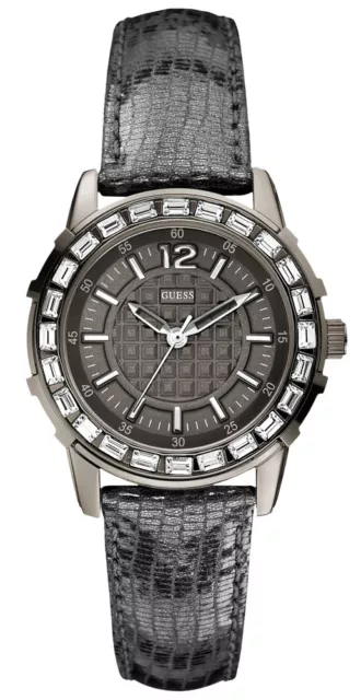 Guess Donna Verde Pelle Cinturino Quadrante Nero Cristalli Su Lunetta Orologio